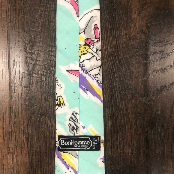 Vintage Bon Homme Stegosaurus Dinosaurs Novelty Necktie Light Blue Comic Retro - Picture 9 of 11